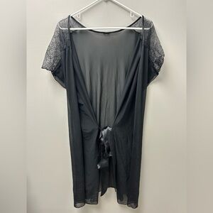 Sheer Black Lace Kimono Robe with Satin Tie Front